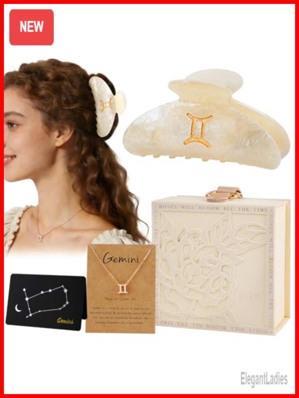 Gemini Zodiac Gift Set for Women, Marble Acrylic Hair Claw Clip & Necklace